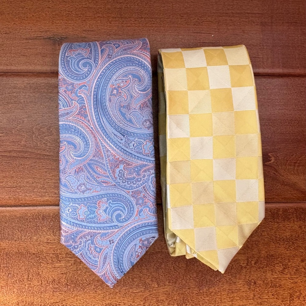 Michael Kors Paisley Checkered Silk Tie Set Mens O/S Blue Yellow